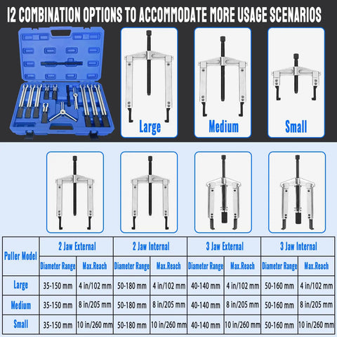 Gear Puller Set 6 In 1 Bearing Puller Kit 13 Piece With Two Jaw And Three Jaw Gear Pullers reversible jaws in storage case