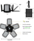 Solar Shed Light With Motion Sensor For Daytime And Night 160 LED Pendant Lights showing solar panel dimensions and features