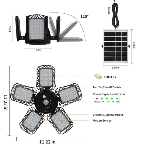 Solar Shed Light With Motion Sensor For Daytime And Night 160 LED Pendant Lights showing solar panel dimensions and features