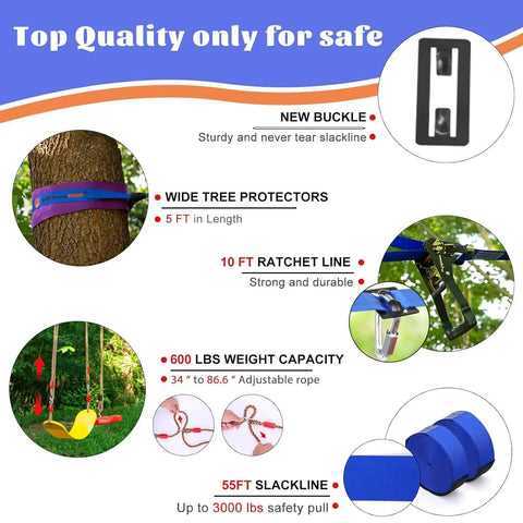 Backyard Kids Slackline Obstacle Course Kit features 65ft line, 13 obstacles, quick install buckles, 900 lbs capacity, easy setup