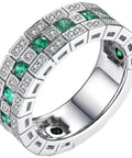 Dope Art Deco Style Geometric Grid Ring Copper Silver Plated With Emerald Green Gems And Tiny Diamond Accents Clean 7 Mm Band close-up view.