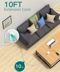 Living room setup with 10 Foot Surge Protector Power Strip With 8 AC Outlets And 4 USB Ports Including USB C Three Side Outlet Extender, showing 10ft cord reaching sofa and table.