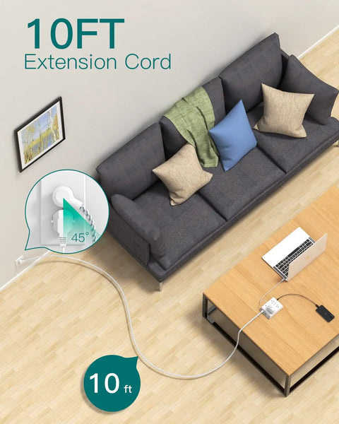 Living room setup with 10 Foot Surge Protector Power Strip With 8 AC Outlets And 4 USB Ports Including USB C Three Side Outlet Extender, showing 10ft cord reaching sofa and table.