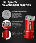 DAYDOOR red diamond hole saw kit, 15-piece set with vacuum-brazed diamond core bits for porcelain tile and stone.