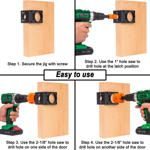 Step-by-step guide using Door Lock Installation Kit With Adjustable Jig, One Inch And Two And One Eighth Inch Hole Saws on wood.