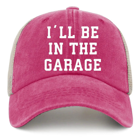 Pink Mens Trucker Cap With Adjustable Buckle For A Perfect Fit, Casual Stylish Hat Featuring Bold Front Artwork "I'll Be In The Garage"