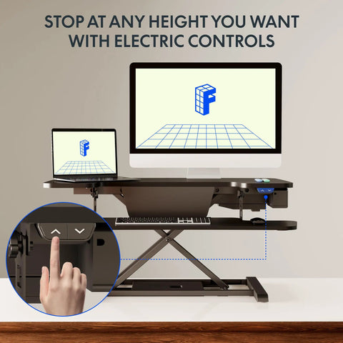 35 Inch Electric Standing Desk Converter with dual monitor setup, electric lift control, wide keyboard tray, black finish.