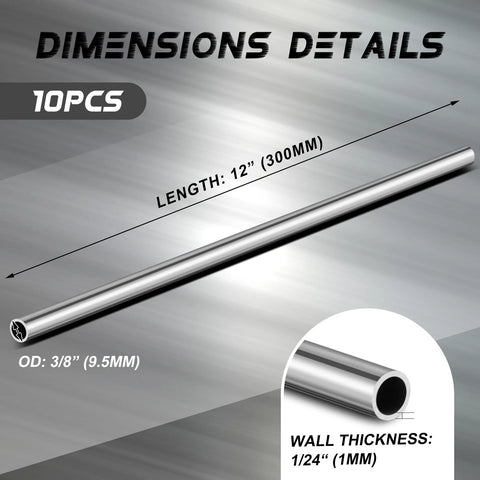 Side view: 3/8 in OD, 12 in length, 1/24 in wall, 304 stainless steel tubing, 10 pcs
