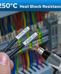 Legit Heavy Duty Heat Shrink Wire Labels With Ribbons For Tough Electrical And Auto Jobs Featuring Sweet 3 To 1 Shrink Ratio and Black On White markings on wires being heated.