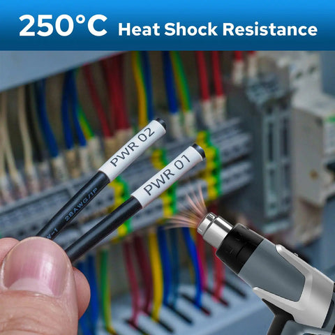 Legit Heavy Duty Heat Shrink Wire Labels With Ribbons For Tough Electrical And Auto Jobs Featuring Sweet 3 To 1 Shrink Ratio and Black On White markings on wires being heated.