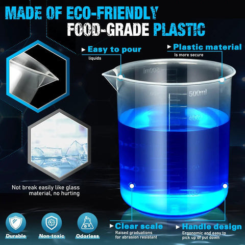 Plastic Graduated Cylinders And Beakers Kit With 5 Pipettes, 500 ML beaker with clear measurement lines, eco-friendly plastic