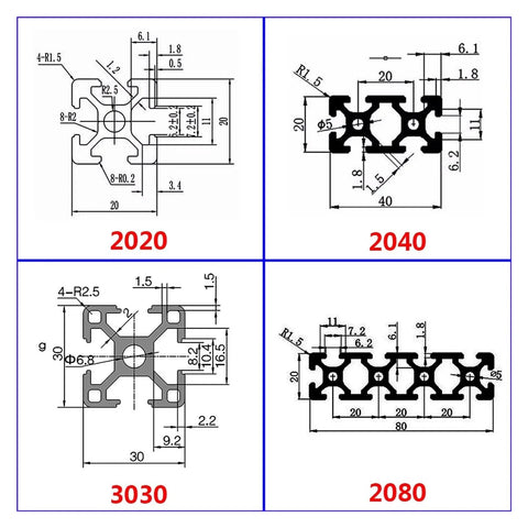Top Shelf 2040 Aluminum Linear Rail Extrusion Profile For Cnc Router And 3d Printer Build Tough T Slot Guide Rail Smooth As Butter Quick Setup 300 Mm Length detailed dimensions of 2020, 2040, 3030, and 2080 aluminum profiles.