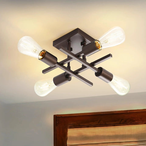 Industrial Four Light Semi Flush Mount Ceiling Light Fixture in Farmhouse Oil Rubbed Bronze Finish with Dope Modern E26 Sputnik Style Lamps for Kitchen Living Room Hallway Entryway and Home Decor