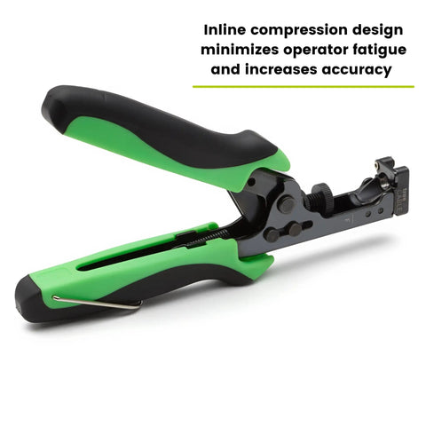 F Connector Compression Tool For RG6 And RG59 Coax, ergonomic green and black grips, side view with locking handle