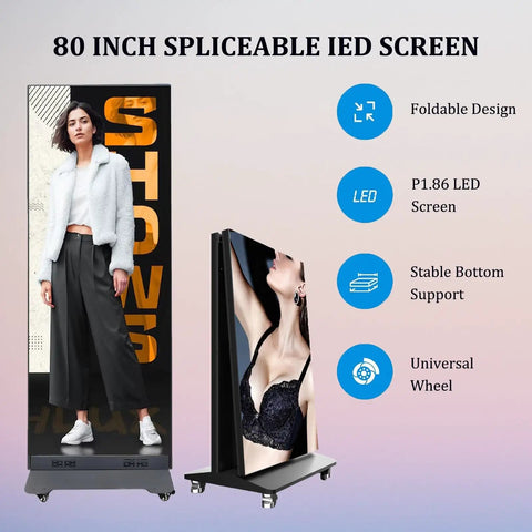 No Hassle Plug And Play 80 Inch Vertical Led Display, Floor Standing Digital Signage Screen, foldable design with universal wheel.