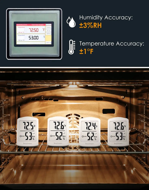 Four Smart Indoor Hygrometer Digital Thermometer units in oven demonstrating accuracy for home office baby nursery use