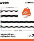 Diagram showing Infinity Tool 2.0 Modular Straps in 8 and 16 inch lengths, platinum silicone, stainless steel, 70 lbs strength.