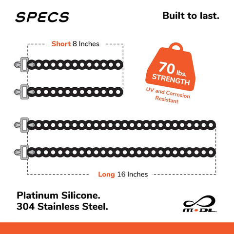 Diagram showing Infinity Tool 2.0 Modular Straps in 8 and 16 inch lengths, platinum silicone, stainless steel, 70 lbs strength.