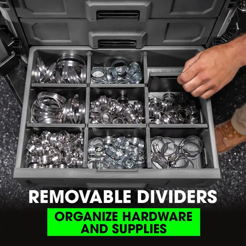 Heavy Duty Three Drawer Tool Box With Auto Locking Drawers Tough As Nails Rust Resistant Rails Attachment Ready For Stack Packs And Seventy Pound Load Capacity In Sleek Grey And Black Finish