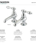 Polished silver basin tap faucets with classic cross handles, 1.2 GPM flow, deck-mounted, brass construction, retro design.