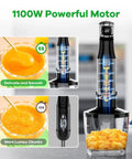 Heavy Duty Immersion Blender Handheld Corded 1100W Full Copper Motor 5-in-1 Hand Blender Set showing blending performance with smooth puree.