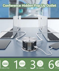 Pop Up Power Outlet Station With 3 AC Plugs And USB A Plus USB C on conference table with laptops and devices, 6Ft Cable