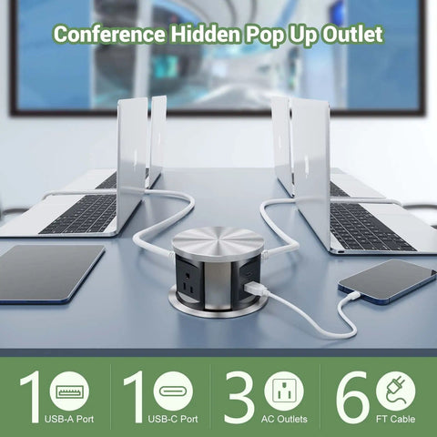 Pop Up Power Outlet Station With 3 AC Plugs And USB A Plus USB C on conference table with laptops and devices, 6Ft Cable