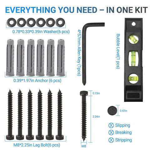 Lag Bolt Kit For TV Wall Mount With M8 Lag Screws, Wall Anchors, Washers, Bubble Level, Allen Key, Two Drill Bits visible