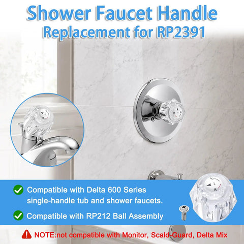 Clear Knob Faucet Handle Replacement Kit For Delta RP2391, Single Offset Hole Shower Tub Faucet Knob installed on bathroom wall.