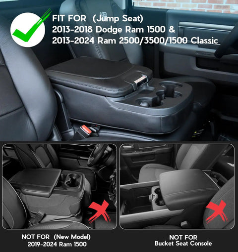 Center Console Cover For Ram 1500 2013 2018 And Ram 2500 3500 1500 Classic PU Leather Armrest Protector with Hidden Pockets in a truck.