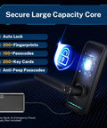 Keyless Entry Digital Door Lock For Front Door With Fingerprint And Passcode App Control And Remote Unlock Key Fob And Alexa Voice Unlock No Fuss Easy Installation Black with lock features displayed on screen.