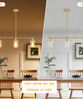 3-Light Kitchen Island Pendant Lighting in Gold Finish over dining table during night and day settings