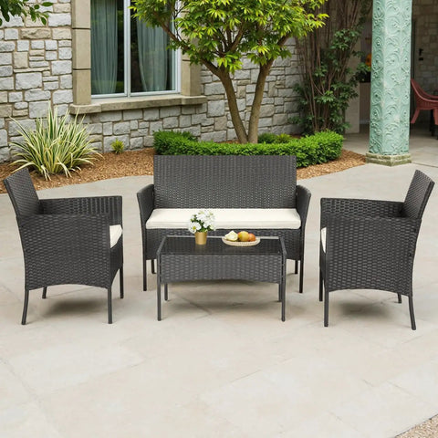 4-Piece Outdoor Patio Set In Black Wicker With Coffee Table, Weather-Resistant Rattan Conversation Set For Porch, Garden Or Lawn