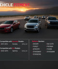 Vehicle fitment chart for Electric Fuel Pump Assembly E9120M with cars in the background at sunset