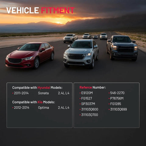 Vehicle fitment chart for Electric Fuel Pump Assembly E9120M with cars in the background at sunset