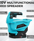 Front view of Cordless Power Seed Spreader Handheld With Dual 20V Batteries showing features like 3.3L capacity, adjustable settings.