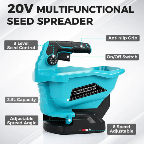 Front view of Cordless Power Seed Spreader Handheld With Dual 20V Batteries showing features like 3.3L capacity, adjustable settings.
