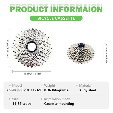 10 Speed Hyperglide Bike Cassette CS-HG500-10 11-32T displayed with dimensions and specifications, alloy steel material