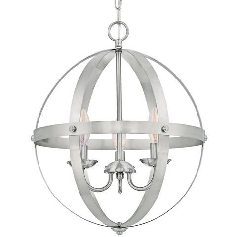 Industrial Vintage Three Light Pendant In Brushed Nickel For Entryways And Dining Rooms With 36 Inch Chain And 60 Inch Cord Uses Three Candelabra Base Bulbs 40 Watt Max.