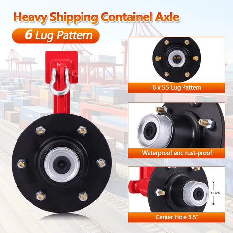 Heavy Duty Shipping Container Wheels Kit With 8800 Pound Axle And Secure Ratchet Straps For Smooth Sailin 6 lug axle with waterproof design and 3.5 inch center hole.
