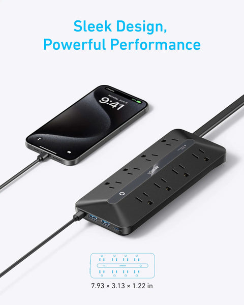 12 In 1 Power Strip With 900J Surge Protector And 35W Max Charging, 2 USB C Ports, 2 USB A Ports, And 8 AC Outlets For Home Office, Desk, And Travel Setups, 7.93 x 3.13 x 1.22 in