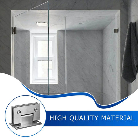 Heavy Duty Frameless Shower Door Hinges For Tempered Glass Doors Pro Grade Steel Pivot Pin close-up, showcasing a stainless steel hinge in modern bathroom.