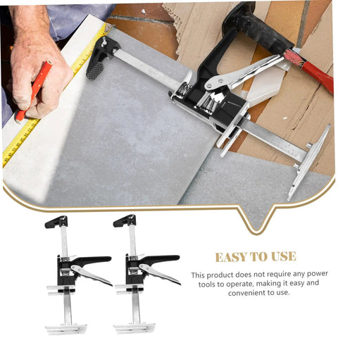 Two Piece Hand Lifting Jack Kit For Furniture Placement And Tile Leveling Features Clearly Marked Dials For Dead On Alignment Compact Manual Hoist in use for precise tile placement.
