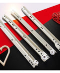 Heavy Duty Drawer Track Slides For Two-Cabinet Furniture System No Fuss Glide For Computer Desk Drawers Keyboard Tray And Clothing Chute Roller Pulley Hardware 10 Inch, showing metal slides with rollers on a red and black background.