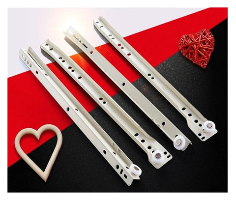 Heavy Duty Drawer Track Slides For Two-Cabinet Furniture System No Fuss Glide For Computer Desk Drawers Keyboard Tray And Clothing Chute Roller Pulley Hardware 10 Inch, showing metal slides with rollers on a red and black background.