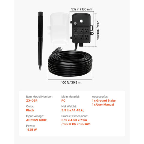 100 Ft Heavy Duty Outdoor Power Stake Extension Cord With Six Weatherproof Sockets And 13A Heavy Gauge Cable For Christmas Lights backyard setup.
