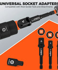 Close-up of universal socket adapters from 35 Piece Magnetic Nut Driver Set With One Quarter Inch Hex Shank Quick Release Extensions And Impact Socket Adapters.