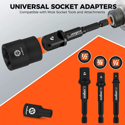 Close-up of universal socket adapters from 35 Piece Magnetic Nut Driver Set With One Quarter Inch Hex Shank Quick Release Extensions And Impact Socket Adapters.