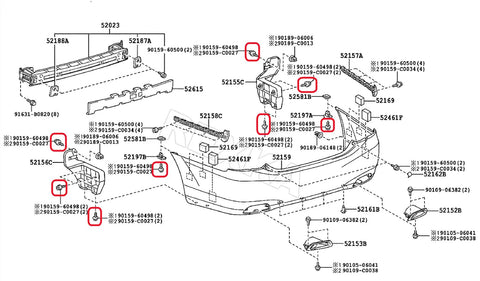 Diagram showing installation spots for Boss 30 Piece Bumper Cover Bolt Kit For Toyota And Lexus Models 90159-60498.