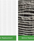 Comparison of Replacement Filters For LV-PUR131 And LV-PUR131S Air Purifier, clean filter vs dirty filter before and after use.
